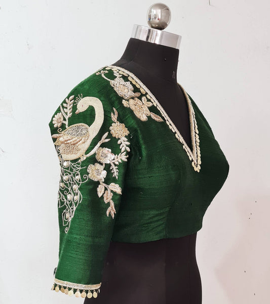 Custom Green Raw Silk Blouse with Zardosi Peacock Embroidery - One Shoulder Design