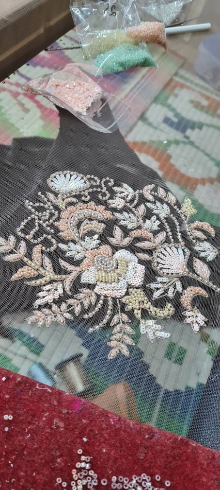 Custom Nude Floral Blouse with Net Overlay & All-Over Sequin Work