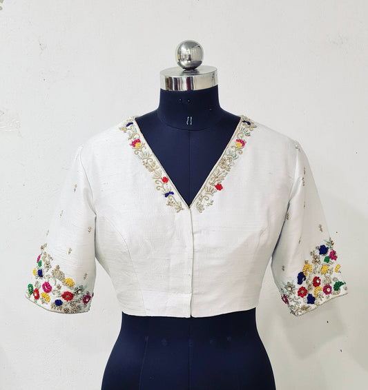 Custom fit white pure raw silk blouse with multicolor embroidery