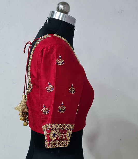 Custom fit red pure raw silk blouse with zardosi embroidery