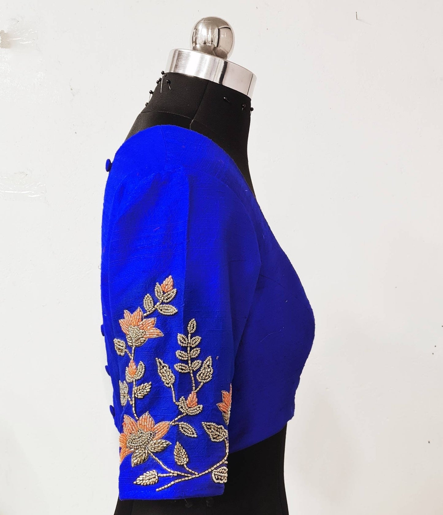 Custom fit royal blue pure raw silk blouse with cutbead embroidery
