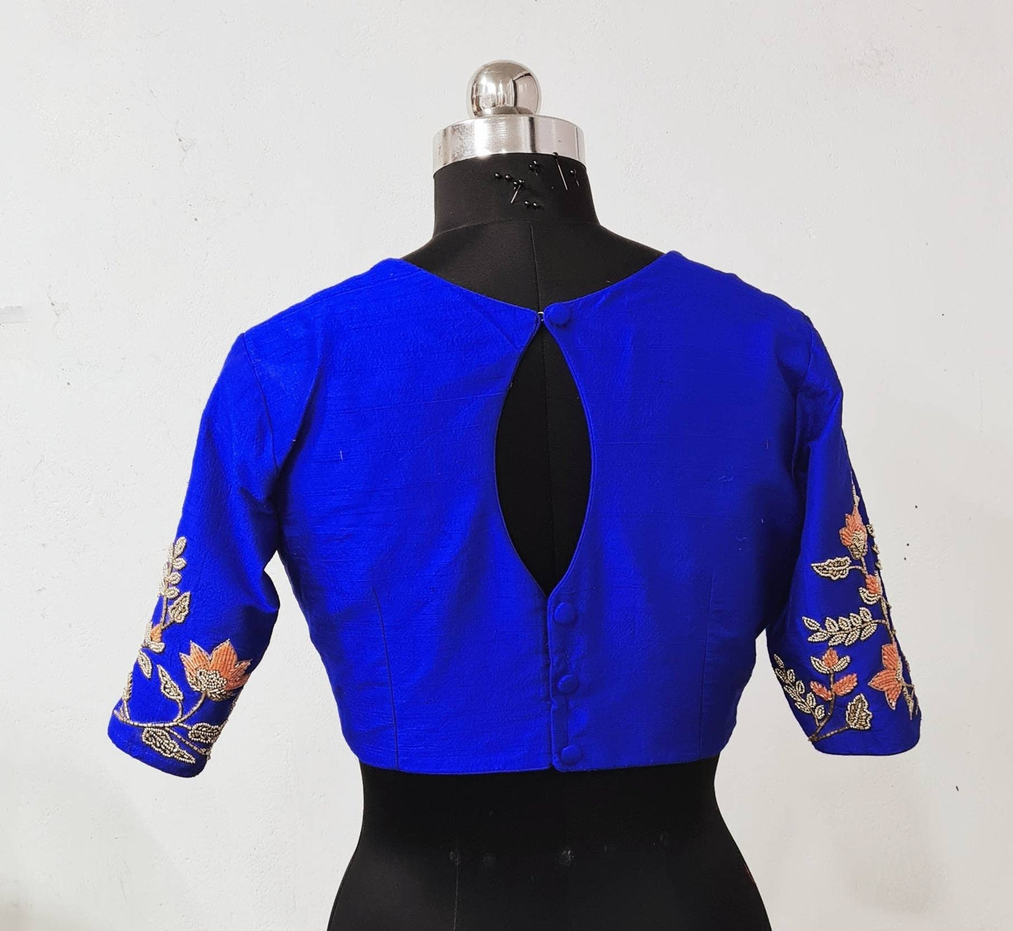 Custom fit royal blue pure raw silk blouse with cutbead embroidery