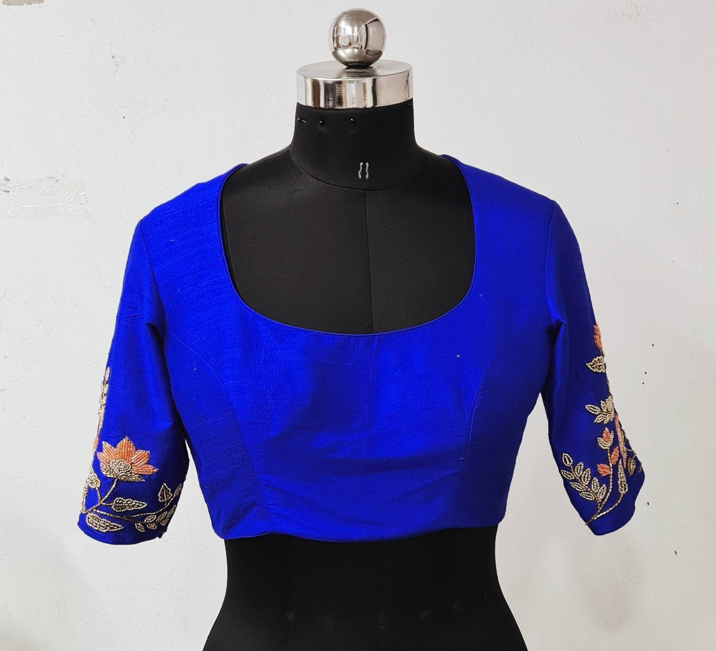 Custom fit royal blue pure raw silk blouse with cutbead embroidery