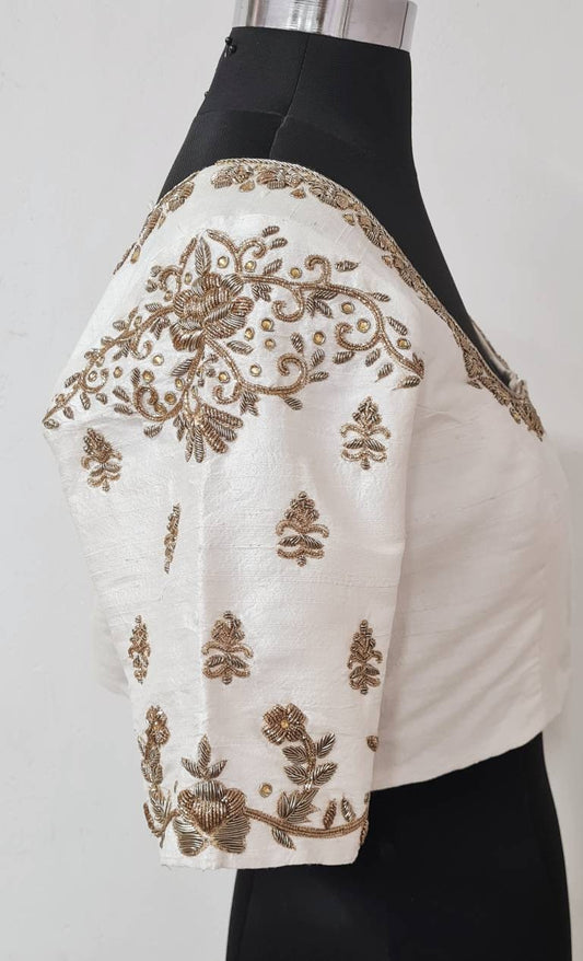 Custom White Raw Silk Blouse with Zardozi Embroidery