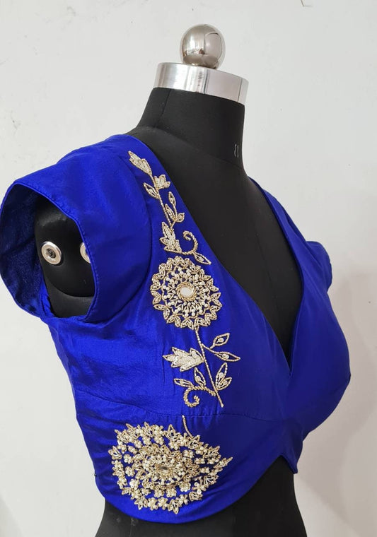 Royal blue deep sweetheart neck blouse with cap sleeves and embroidery on front right side and back