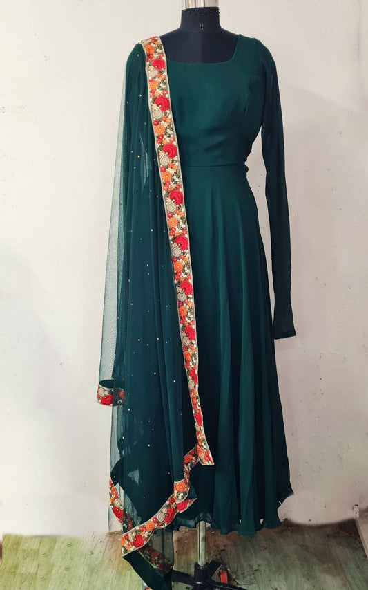 Bottle Green Georgette Anarkali Suit with Net Dupatta & Churidar
