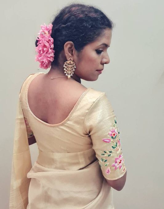 Gold Tissue Saree with Multicolor Embroidered Blouse