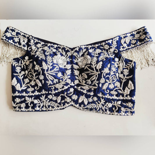Navy blue and silver pure raw silk off shoulder blouse with silver zardosi embroidery and tasseled sleeves