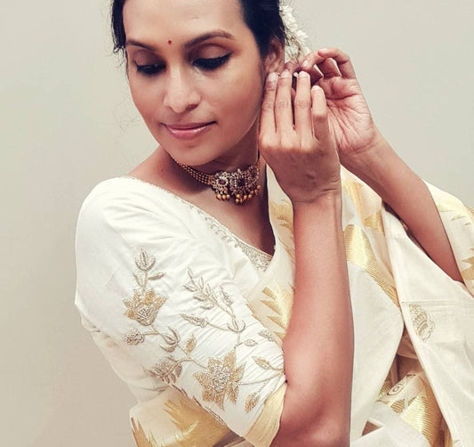 Kerala Handloom Cotton Saree with Gold Hand Embroidered Blouse | Ivory & Gold Traditional Saree