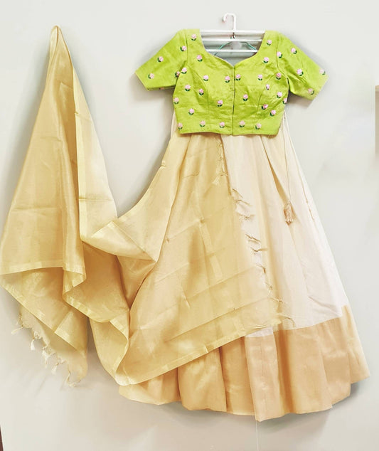 Ivory Cream Lehenga Choli - Olive Green Hand Embroidered Blouse - Kerala Tissue Silk Lehenga - Custom Fit & Plus Size Available