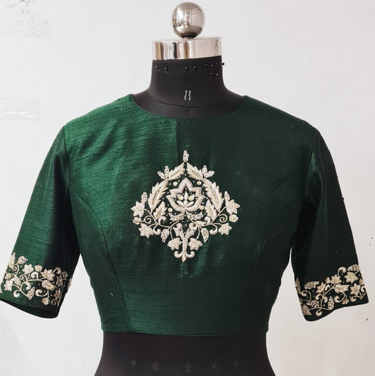 Dark green pure raw silk blouse with zardosi embroidery