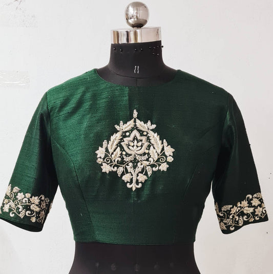 Dark Green Raw Silk Blouse with Zardozi Embroidery