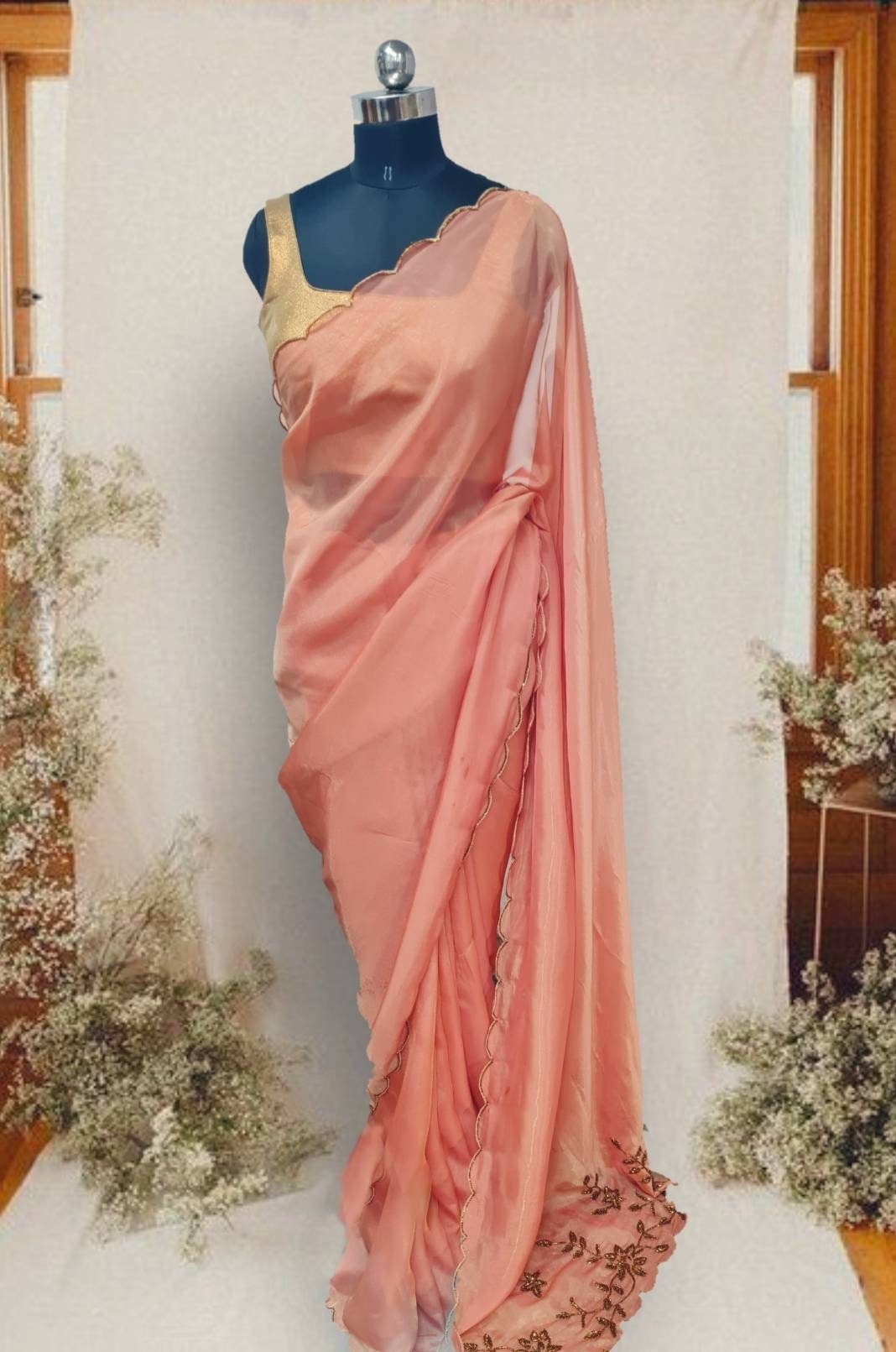 Peach Organza Saree with Antique Bead Embroidery & Custom Blouse