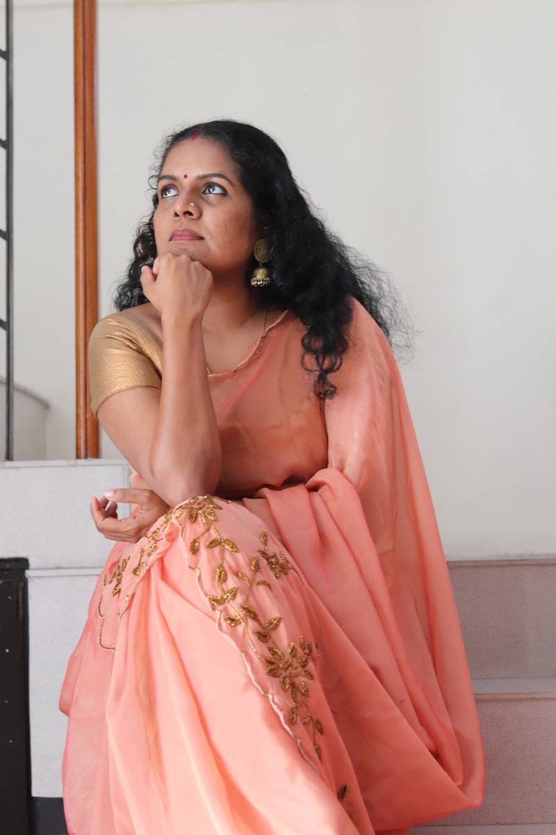 Peach Organza Saree with Antique Bead Embroidery & Custom Blouse