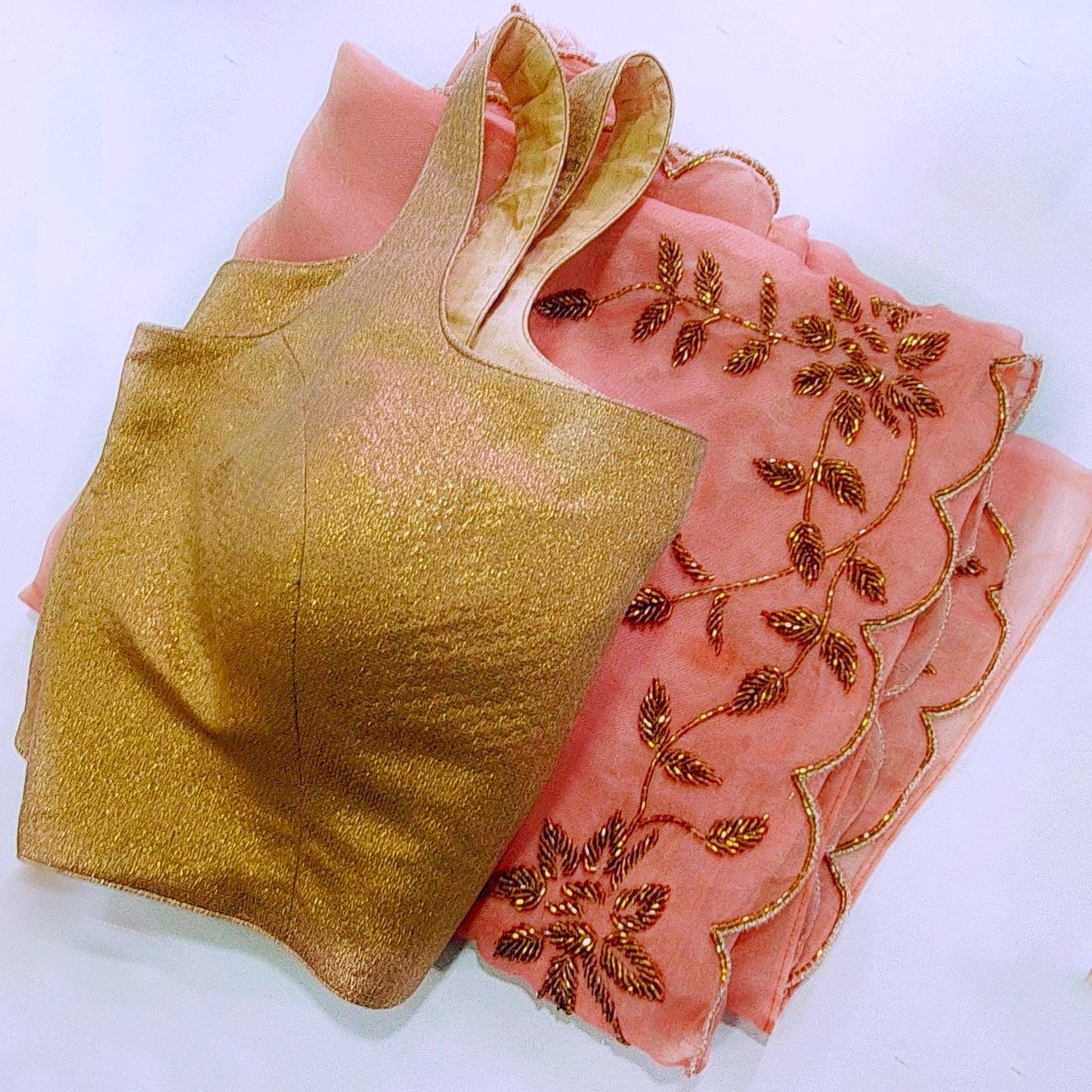 Peach Organza Saree with Antique Bead Embroidery & Custom Blouse