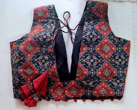 Ajrakh multicolor cotton V neck blouse with navy blue base