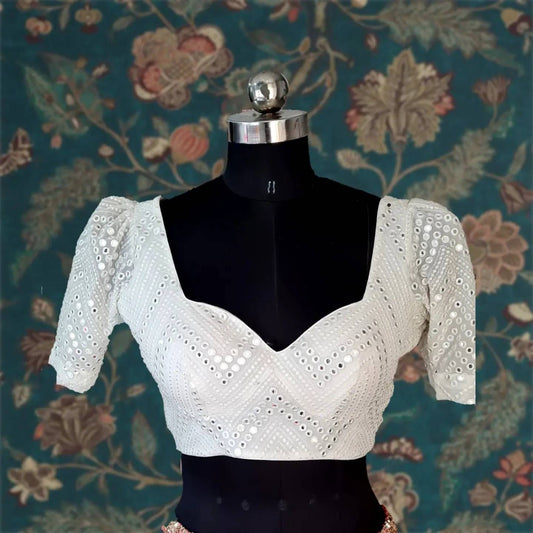 Ivory White Georgette Blouse with Mirror Work | Sweetheart Neckline & Puff Sleeves | Custom Stitched Indian Top
