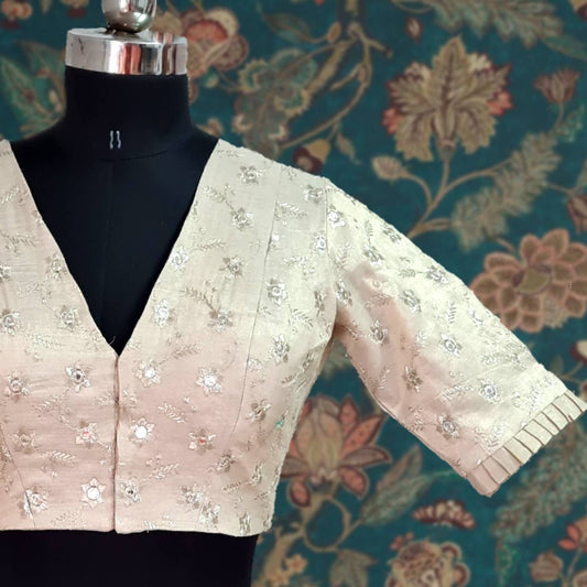 Custom Pale Gold Blouse for Saree | Mirror Work V-Neck Blouse | Designer Indian Blouse