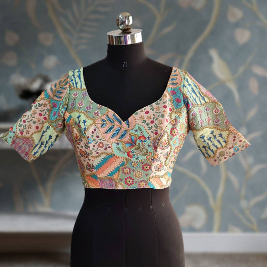 multicolor patch work print pan neck blouse with gold zari work
