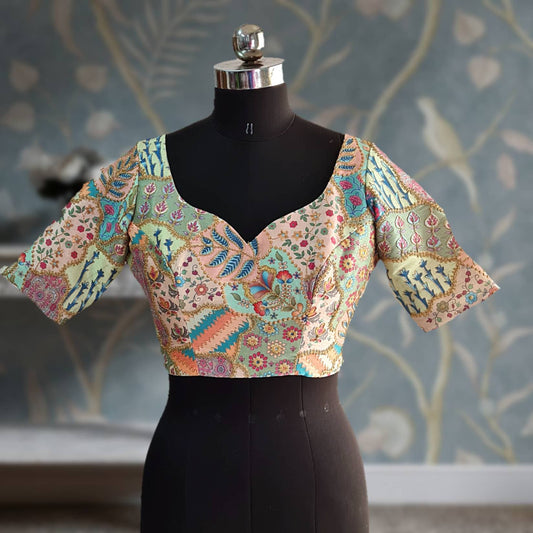 Multicolor Patchwork Print Blouse with Gold Zari Work - Ready-Made Saree Blouse - Indian Ethnic Wear