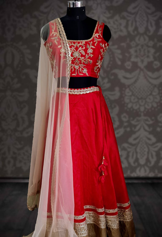 Tomato Red Raw Silk Lehenga Choli - Hand Embroidered Blouse - Net Dupatta - Indian Wedding Lehenga - Custom Size