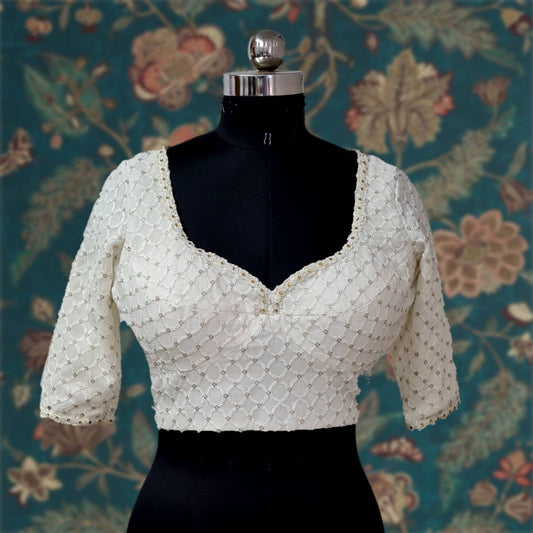 Ivory White Sequin Georgette Blouse - Sabyasachi Cut with Sweetheart Neckline