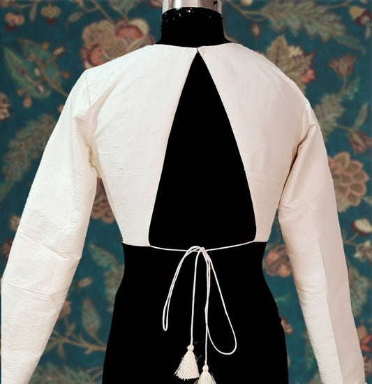 Ivory white rawsilk backless blouse with full sleeves