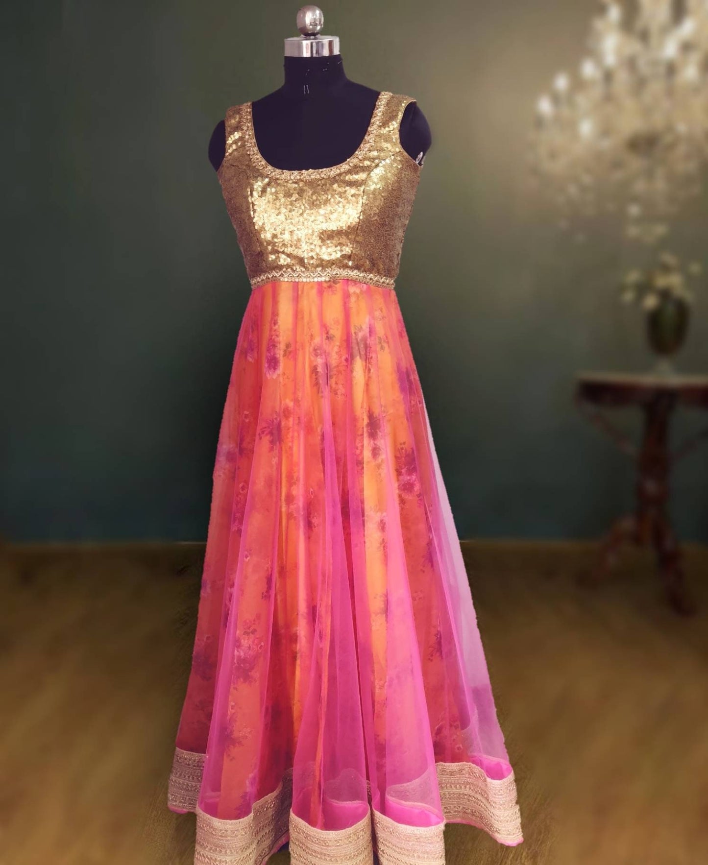 Gold Sequin & Pink Floral Anarkali Gown - Custom Stitched