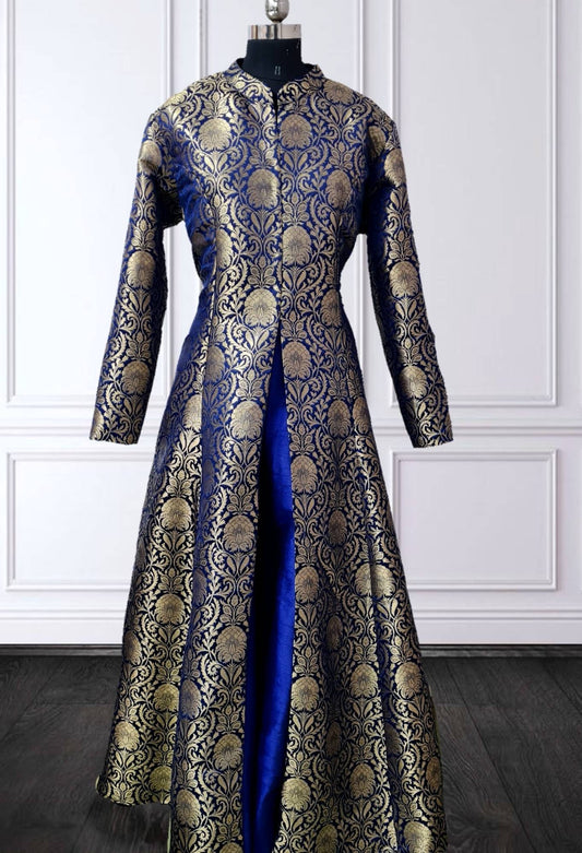 Royal blue rawsilk sleeveless gown with brocade long jacket dress
