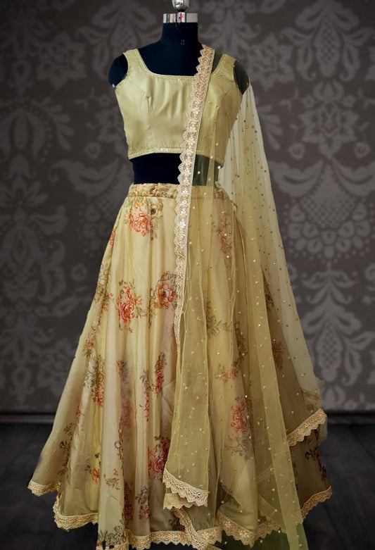 Pale olive green organza floral lehenga with hand embroidered silk blouse and net dupatta