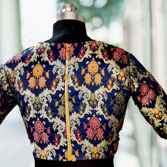 High round neck multicolor brocade blouse in navy blue base color with zipper back