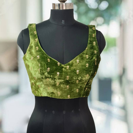 Moss green velvet blouse with deep V neck and back bow