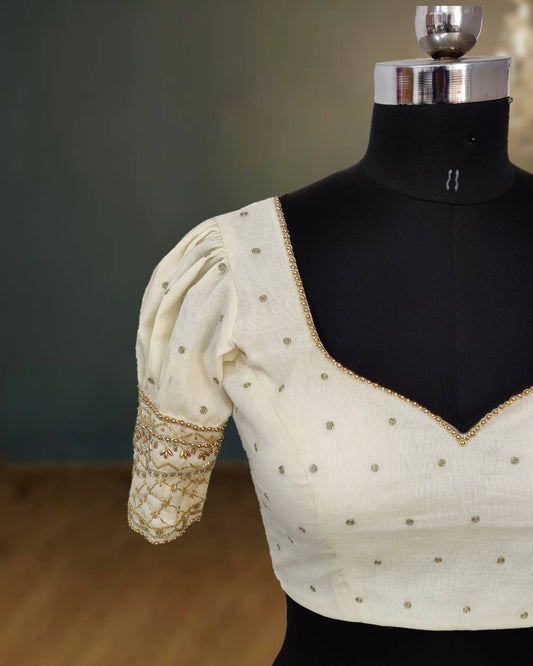 Ivory Kerala Kasavu Blouse with Gold Hand Embroidery & Puff Sleeves | Handloom Cotton Traditional Indian Blouse