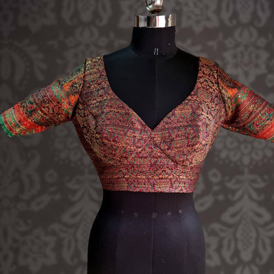 Vintage Look Jacquard Blouse - Burgundy Floral Sequin Blouse - Antique Style Saree Top - Custom & Standard Sizes