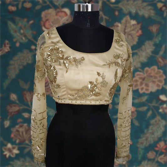 Floral gold sequin net full sleeved hand embroidered blouse
