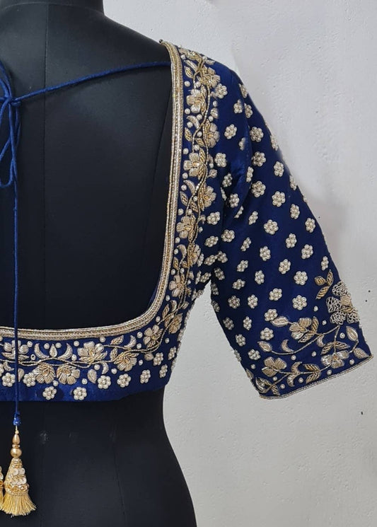 Navy Blue Raw Silk Blouse with Pearl Zardozi Hand Embroidery - Wedding & Festive Wear