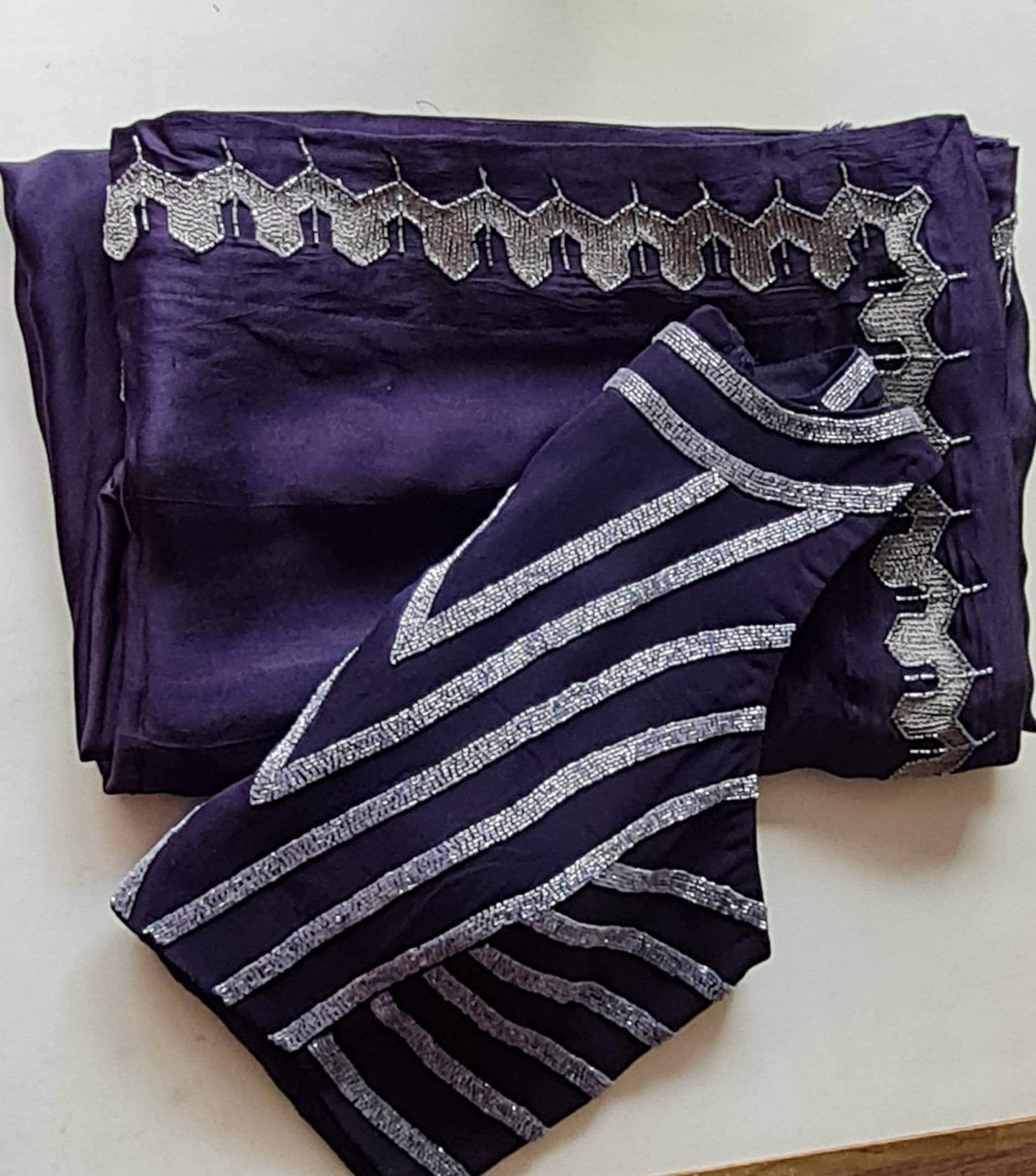 Indigo Blue Satin Georgette Saree with Cutbead Embroidery & Raw Silk Halter Blouse