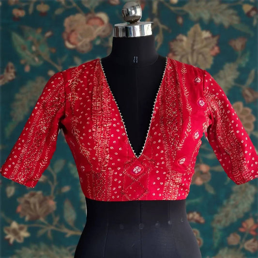 Red bandani print silk finish cotton with deep V neck and gota borders