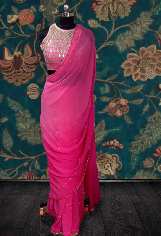 Ombre Pink Pure Georgette Saree - Mirror Work Raw Silk Blouse - Halter Neck Saree - Custom Size Indian Saree