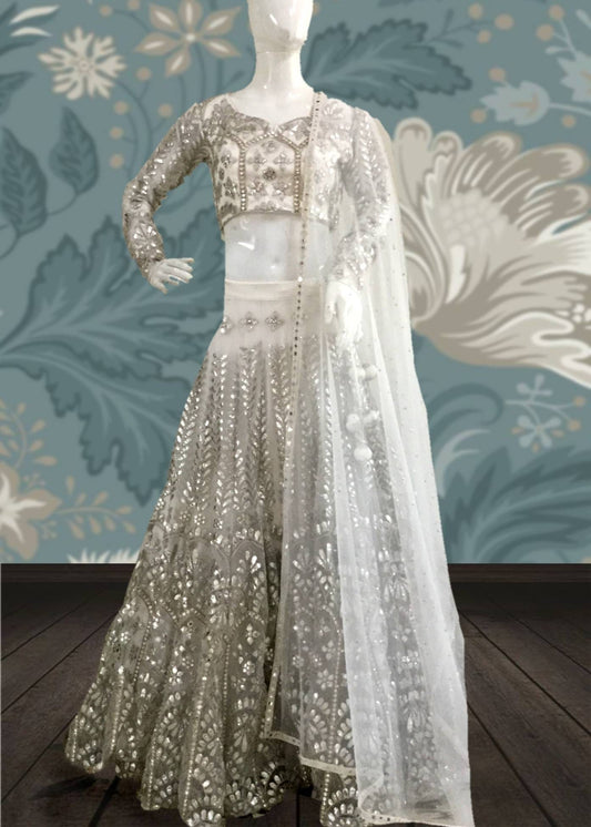 White silver gota work lehenga and blouse with matching dupatta