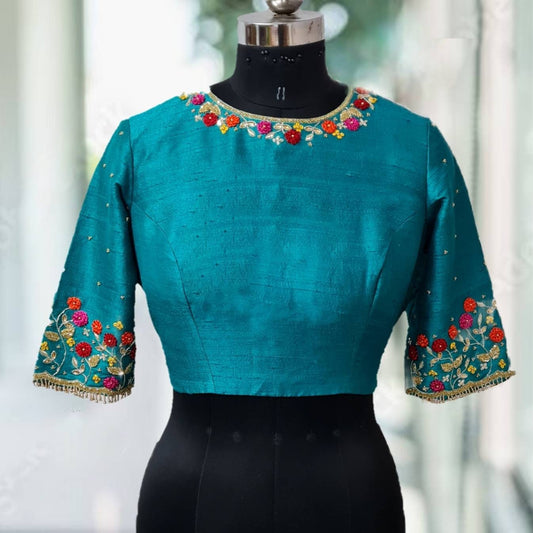 Teal Blue Raw Silk Blouse with Multicolor Embroidery