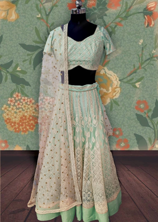 Mint Green & White Sequin Threadwork Lehenga | Matching Sequin Dupatta