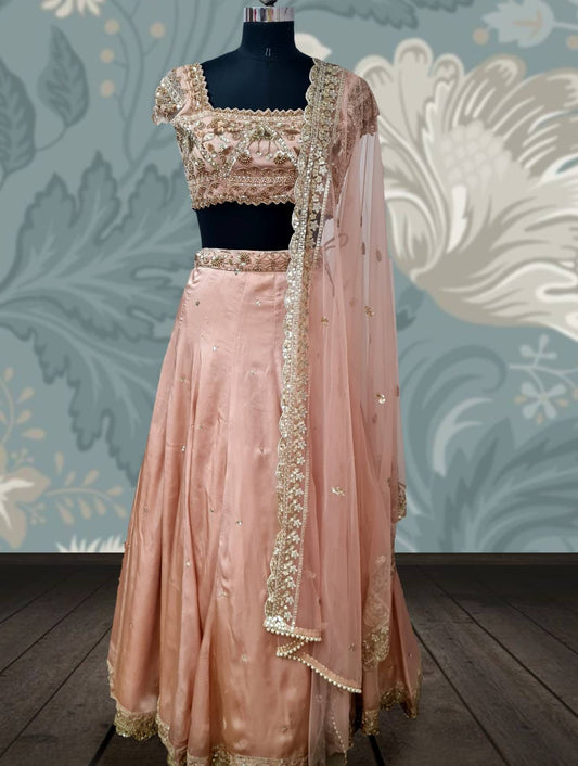 Blush Pink Lehenga with Hand Embroidered Blouse & Sequin Net Dupatta | Custom Made Indian Wedding Lehanga