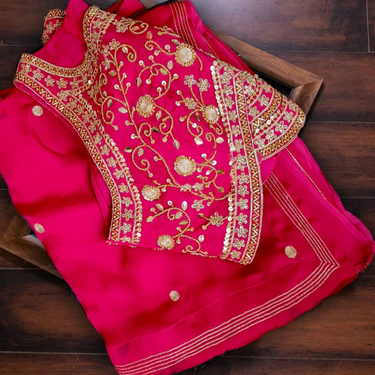 Beautiful pink satin georgette hand embroidery saree and rawsilk hand embroidery blouse