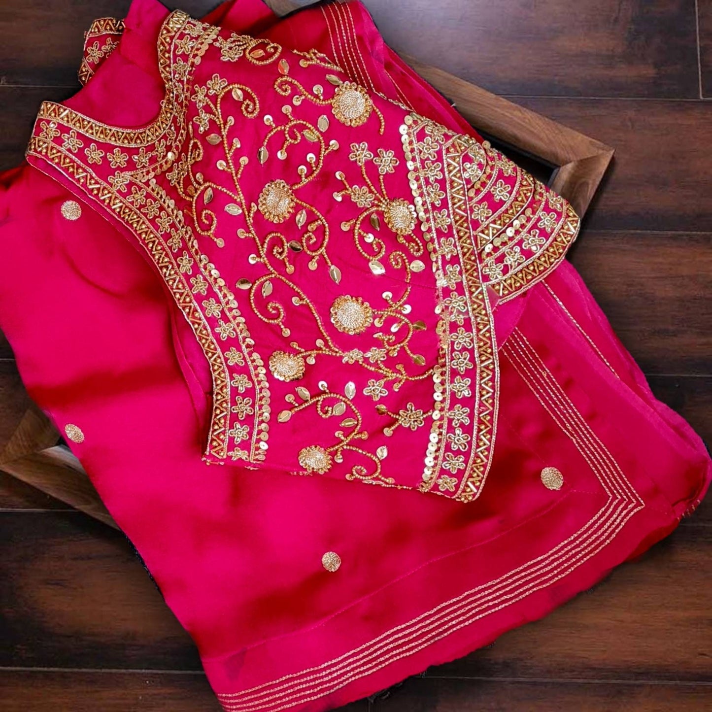 Pink Satin Georgette Saree with Gold Hand Embroidery & Raw Silk Blouse, Indian Wedding Saree, Party Wear Saree