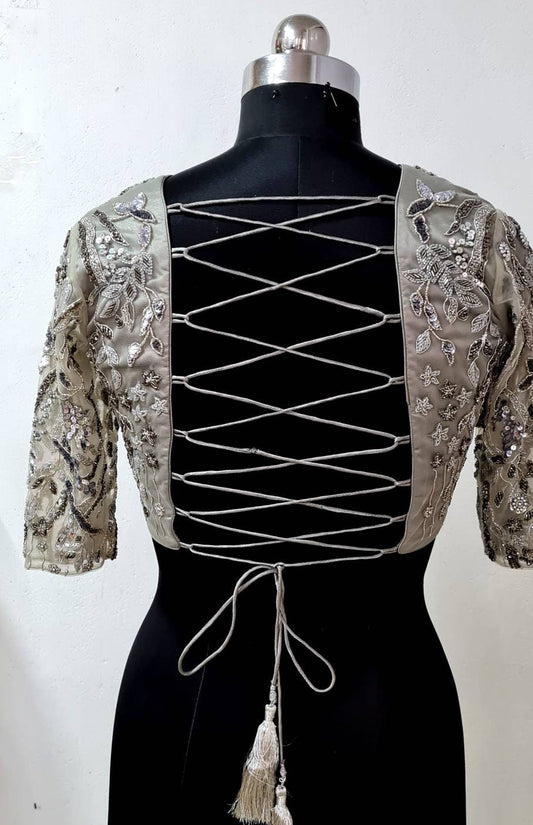 Silver grey sequin net backless blouse