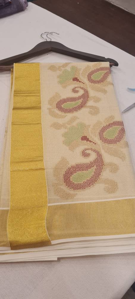 Kerala pure handloom tissue saree with cross stitch embroidery coffee and green color