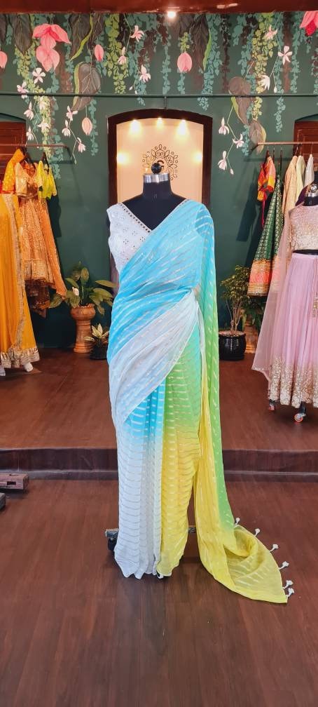 Multicolor Chiffon Saree with Gold Stripes & Aqua Blue Brocade Blouse