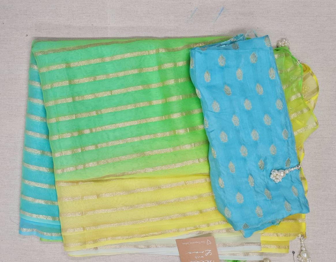 Multicolor Chiffon Saree with Gold Stripes & Aqua Blue Brocade Blouse