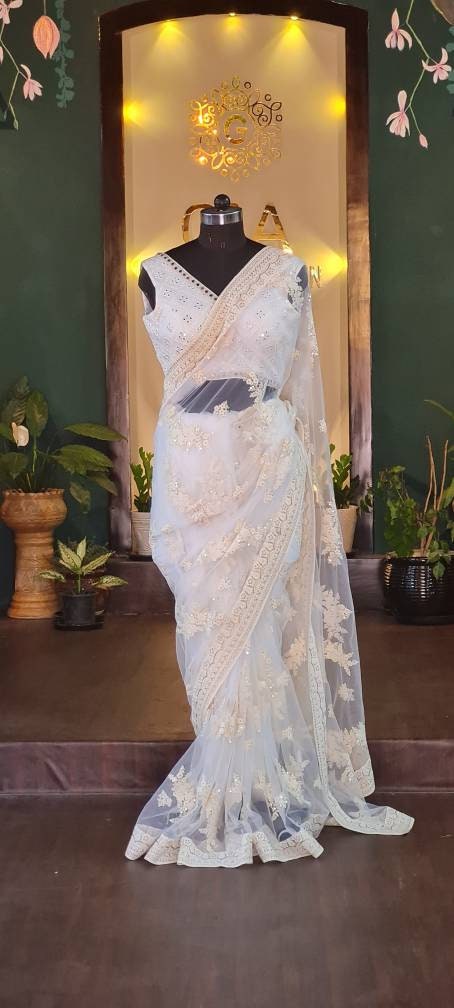 Ivory Sequin & Thread Work Net Saree - Elegant White Saree - Ready-to-Wear Indian Saree - Custom Size Blouse
